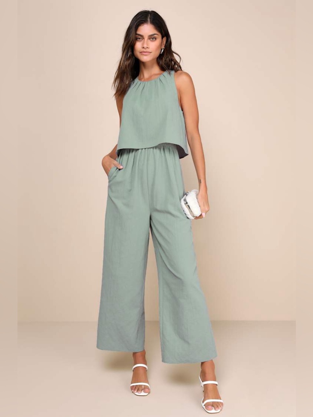 Lulus Breezy Sophistication Sage Green Textured Wide-Leg Jumpsuit